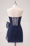 Navy Bodycon Pearl Beaded Strapless Mini Homecoming Dress with Bow