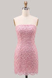 Strapless Pink Tight Floral Lace Up Back Short Homecoming Dress with Lace Up Back