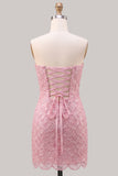 Strapless Pink Tight Floral Lace Up Back Short Homecoming Dress with Lace Up Back