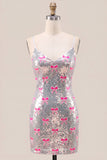 Sparkly Pink Spaghetti Straps Sequins Bodycon Homecoming Dress with Bow