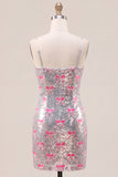 Sparkly Pink Spaghetti Straps Sequins Bodycon Homecoming Dress with Bow