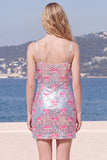 Sparkly Pink Spaghetti Straps Sequins Bodycon Homecoming Dress with Bow