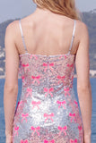 Sparkly Pink Spaghetti Straps Sequins Bodycon Homecoming Dress with Bow