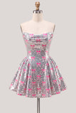 Sparkly Pink A-Line Strapless Sequins Homecoming Dress with Bow