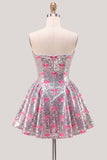Sparkly Pink A-Line Strapless Sequins Homecoming Dress with Bow