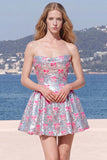Sparkly Pink A-Line Strapless Sequins Homecoming Dress with Bow