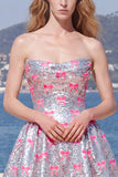 Sparkly Pink A-Line Strapless Sequins Homecoming Dress with Bow