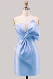Blue Satin Strapless Ruched Tight Homecoming Dress with Bow