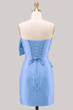 Blue Satin Strapless Ruched Tight Homecoming Dress with Bow