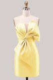 Blue Satin Strapless Ruched Tight Homecoming Dress with Bow