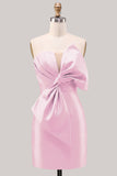 Blue Satin Strapless Ruched Tight Homecoming Dress with Bow