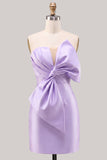 Blue Satin Strapless Ruched Tight Homecoming Dress with Bow