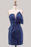 Blue Satin Strapless Ruched Tight Homecoming Dress with Bow