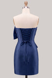 Blue Satin Strapless Ruched Tight Homecoming Dress with Bow