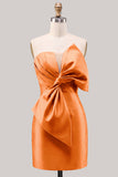 Blue Satin Strapless Ruched Tight Homecoming Dress with Bow