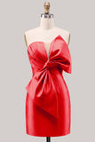 Blue Satin Strapless Ruched Tight Homecoming Dress with Bow
