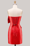 Blue Satin Strapless Ruched Tight Homecoming Dress with Bow