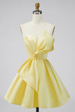 A-Line Daffodil Satin Strapless Ruched Lace Up Back Homecoming Dress with Bow