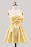 A-Line Daffodil Satin Strapless Ruched Lace Up Back Homecoming Dress with Bow