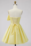 A-Line Daffodil Satin Strapless Ruched Lace Up Back Homecoming Dress with Bow