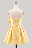 A-Line Daffodil Satin Strapless Ruched Lace Up Back Homecoming Dress with Bow