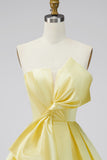 A-Line Daffodil Satin Strapless Ruched Lace Up Back Homecoming Dress with Bow