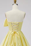A-Line Daffodil Satin Strapless Ruched Lace Up Back Homecoming Dress with Bow