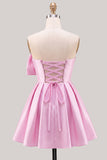 A-Line Daffodil Satin Strapless Ruched Lace Up Back Homecoming Dress with Bow
