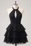 Blue Flower A-Line Halter Neck Tiered Chiffon Cut Out Homecoming Dress