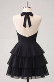 Blue Flower A-Line Halter Neck Tiered Chiffon Cut Out Homecoming Dress