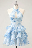 Blue Flower A-Line Halter Neck Tiered Chiffon Cut Out Homecoming Dress