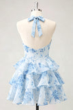 Blue Flower A-Line Halter Neck Tiered Chiffon Cut Out Homecoming Dress