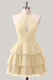 Blue Flower A-Line Halter Neck Tiered Chiffon Cut Out Homecoming Dress