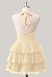 Blue Flower A-Line Halter Neck Tiered Chiffon Cut Out Homecoming Dress