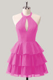 Blue Flower A-Line Halter Neck Tiered Chiffon Cut Out Homecoming Dress