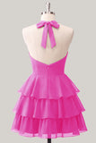 Blue Flower A-Line Halter Neck Tiered Chiffon Cut Out Homecoming Dress