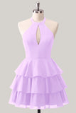 Blue Flower A-Line Halter Neck Tiered Chiffon Cut Out Homecoming Dress