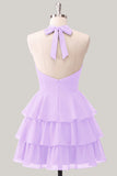 Blue Flower A-Line Halter Neck Tiered Chiffon Cut Out Homecoming Dress