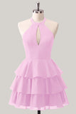 Blue Flower A-Line Halter Neck Tiered Chiffon Cut Out Homecoming Dress