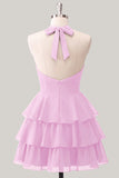 Blue Flower A-Line Halter Neck Tiered Chiffon Cut Out Homecoming Dress