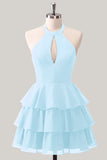 Blue Flower A-Line Halter Neck Tiered Chiffon Cut Out Homecoming Dress