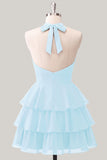 Blue Flower A-Line Halter Neck Tiered Chiffon Cut Out Homecoming Dress