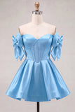 Blue Sweetheart Satin A-Line Corset Lace Up Back Homecoming Dress with Bow