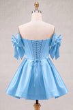 Blue Sweetheart Satin A-Line Corset Lace Up Back Homecoming Dress with Bow