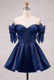 Blue Sweetheart Satin A-Line Corset Lace Up Back Homecoming Dress with Bow