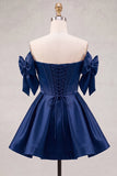 Blue Sweetheart Satin A-Line Corset Lace Up Back Homecoming Dress with Bow
