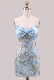 Light Blue Bodycon Strapless Sequins Corset Lace Up Back Homecoming Dress with Bow