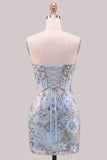 Light Blue Bodycon Strapless Sequins Corset Lace Up Back Homecoming Dress with Bow