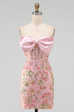 Pink Bodycon Strapless Sequins Corset Lace Up Back Homecoming Dress with Bow