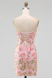 Pink Bodycon Strapless Sequins Corset Lace Up Back Homecoming Dress with Bow